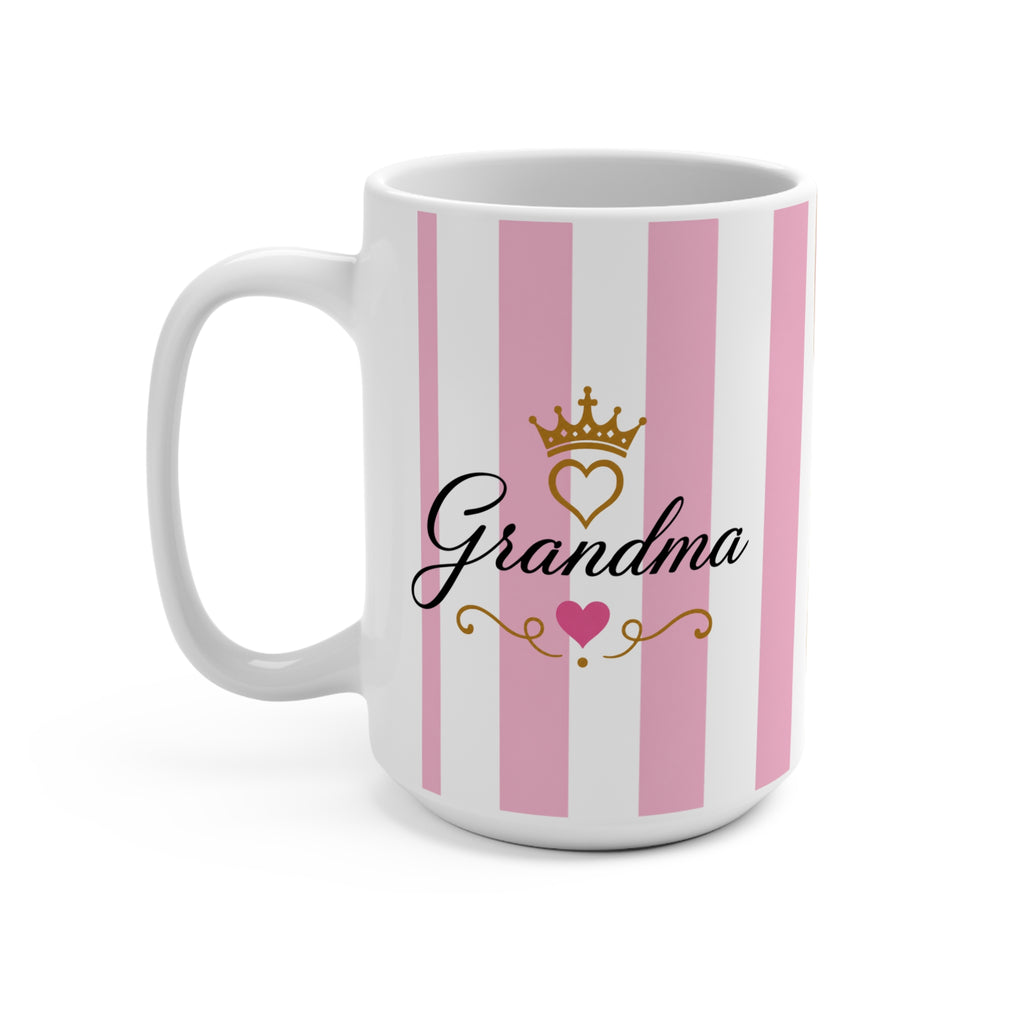 Grandma Coffee Mug – Pink Striped 15oz Ceramic Gift with Crown & Heart