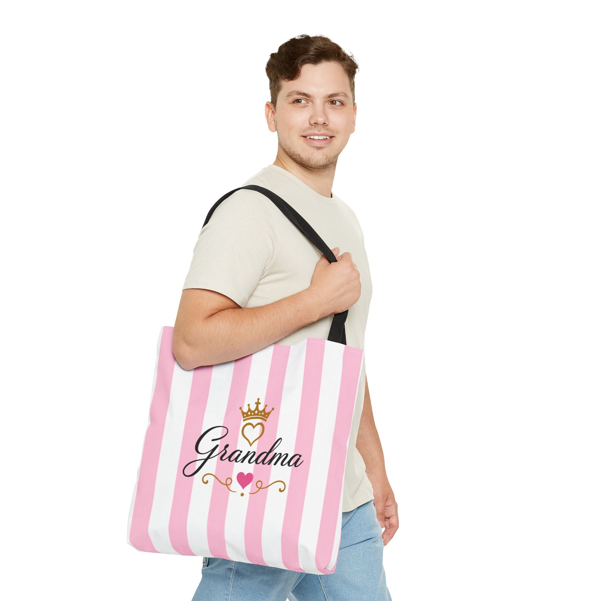 Grandma Crown Tote Bag — Pink Striped "Grandma" Gift Tote