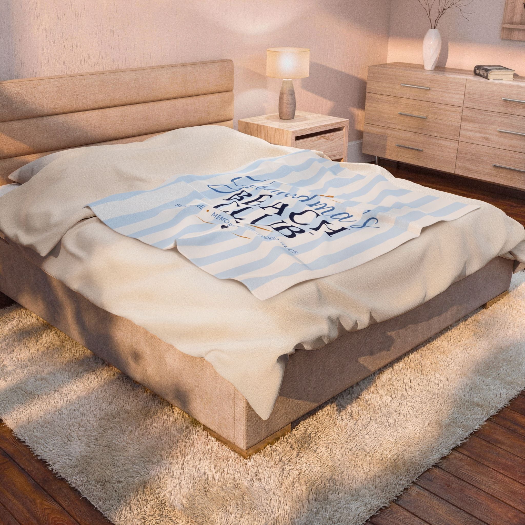 Grandma's Beach Club Blanket | Striped Velveteen Coastal Shell Design