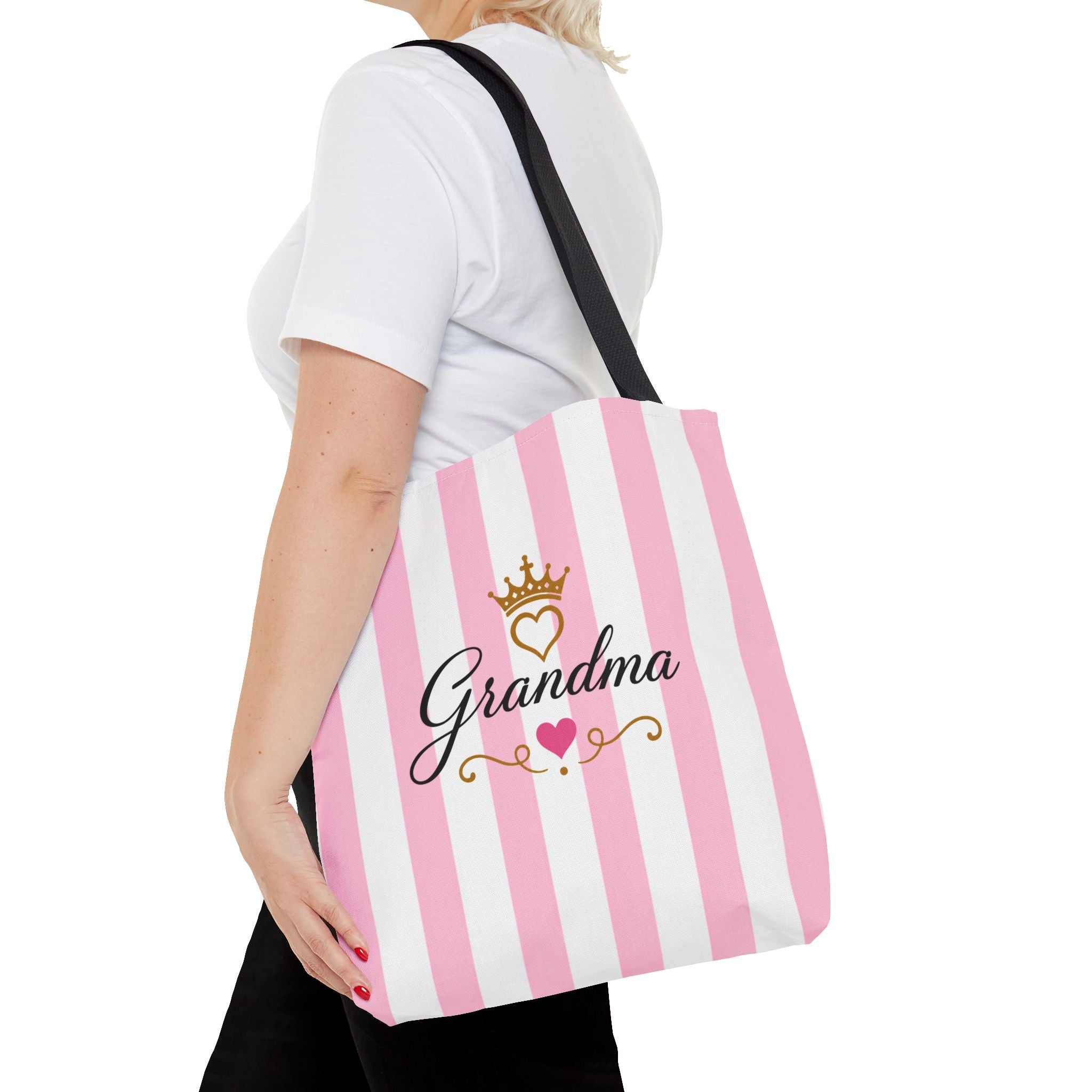 Grandma Crown Tote Bag — Pink Striped "Grandma" Gift Tote