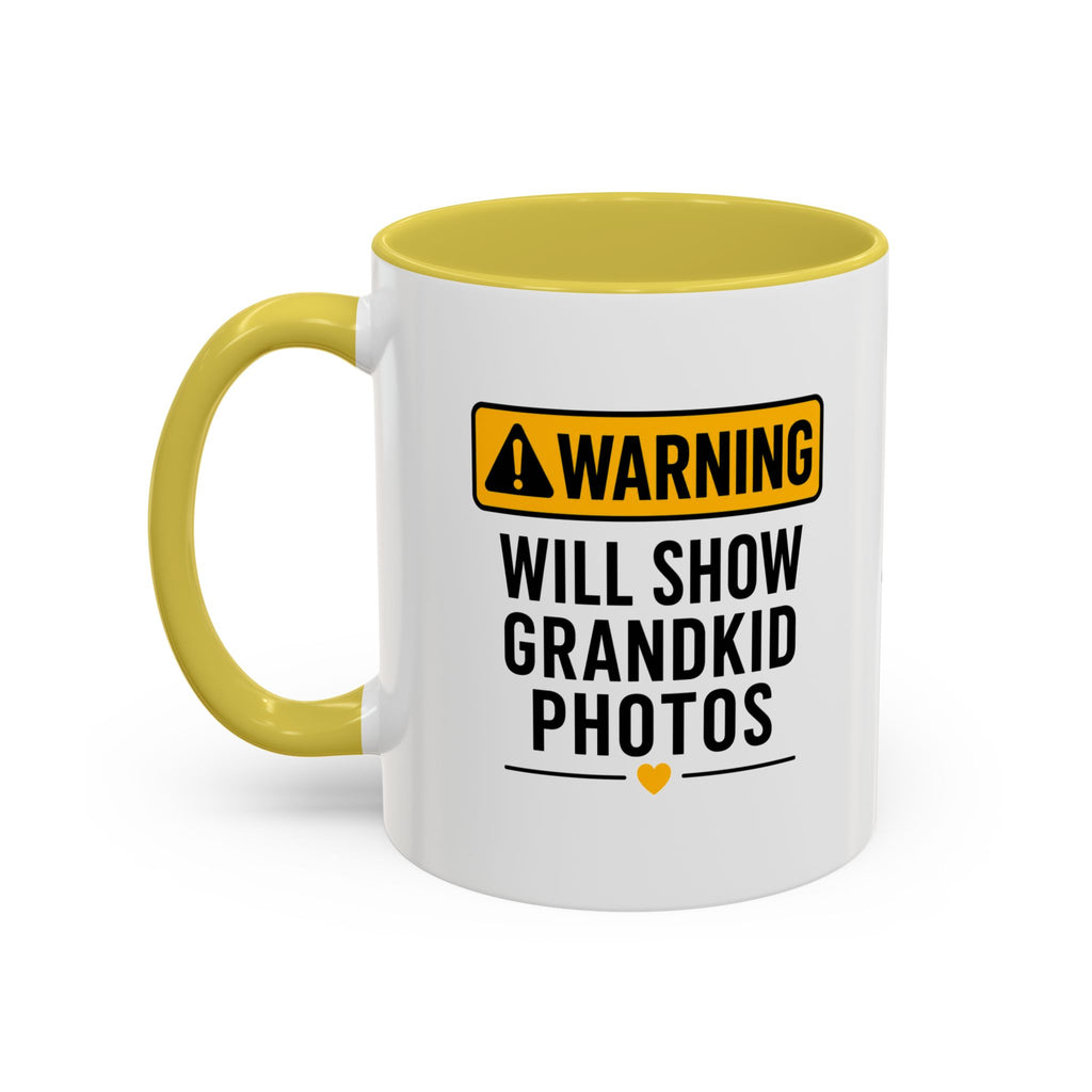 Warning Will Show Grandkid Photos Mug — Funny Grandma/Grandpa Coffee Cup (11oz, 15oz)