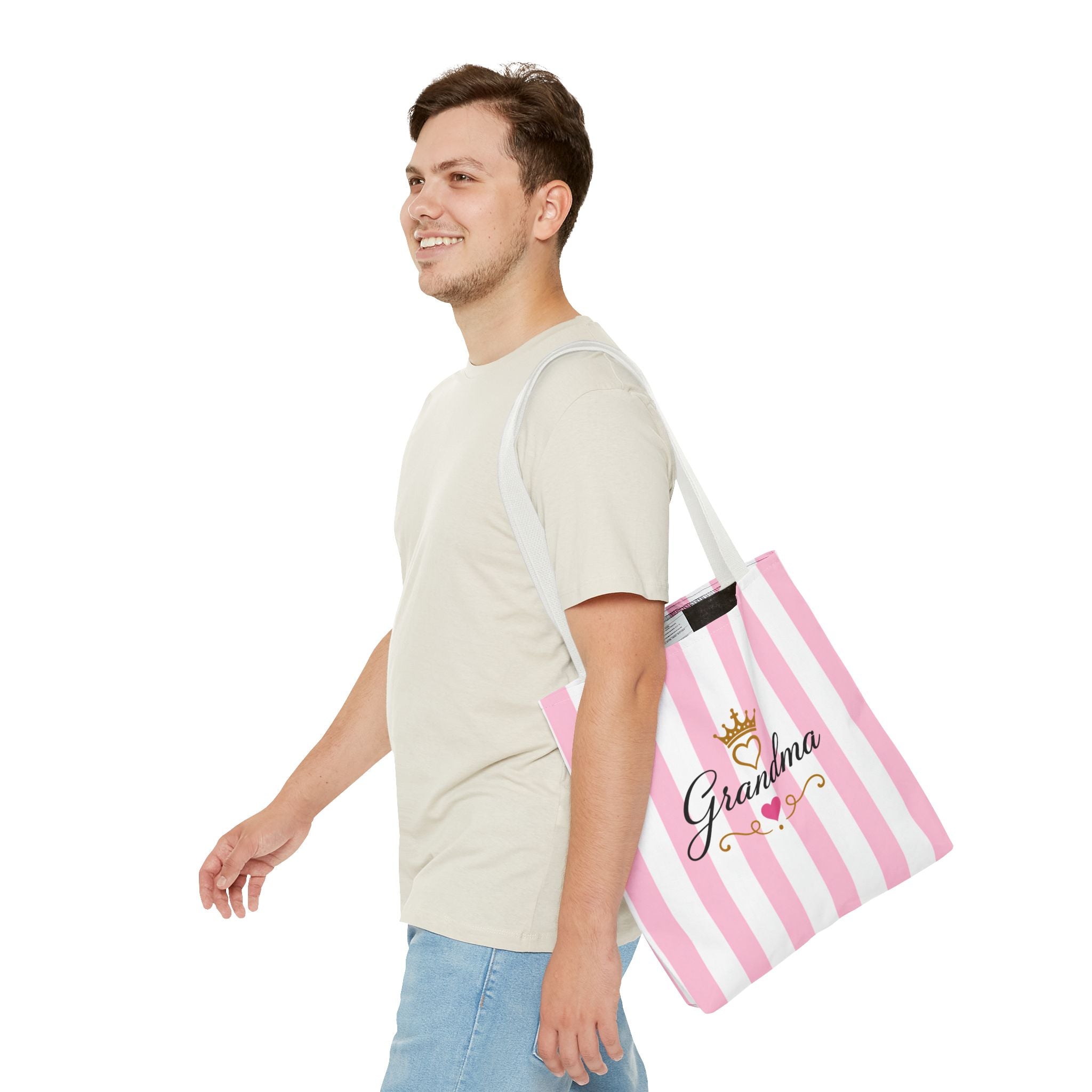 Grandma Crown Tote Bag — Pink Striped "Grandma" Gift Tote