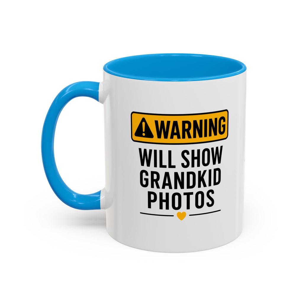 Warning Will Show Grandkid Photos Mug — Funny Grandma/Grandpa Coffee Cup (11oz, 15oz)