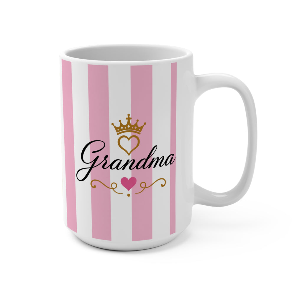 Grandma Coffee Mug – Pink Striped 15oz Ceramic Gift with Crown & Heart