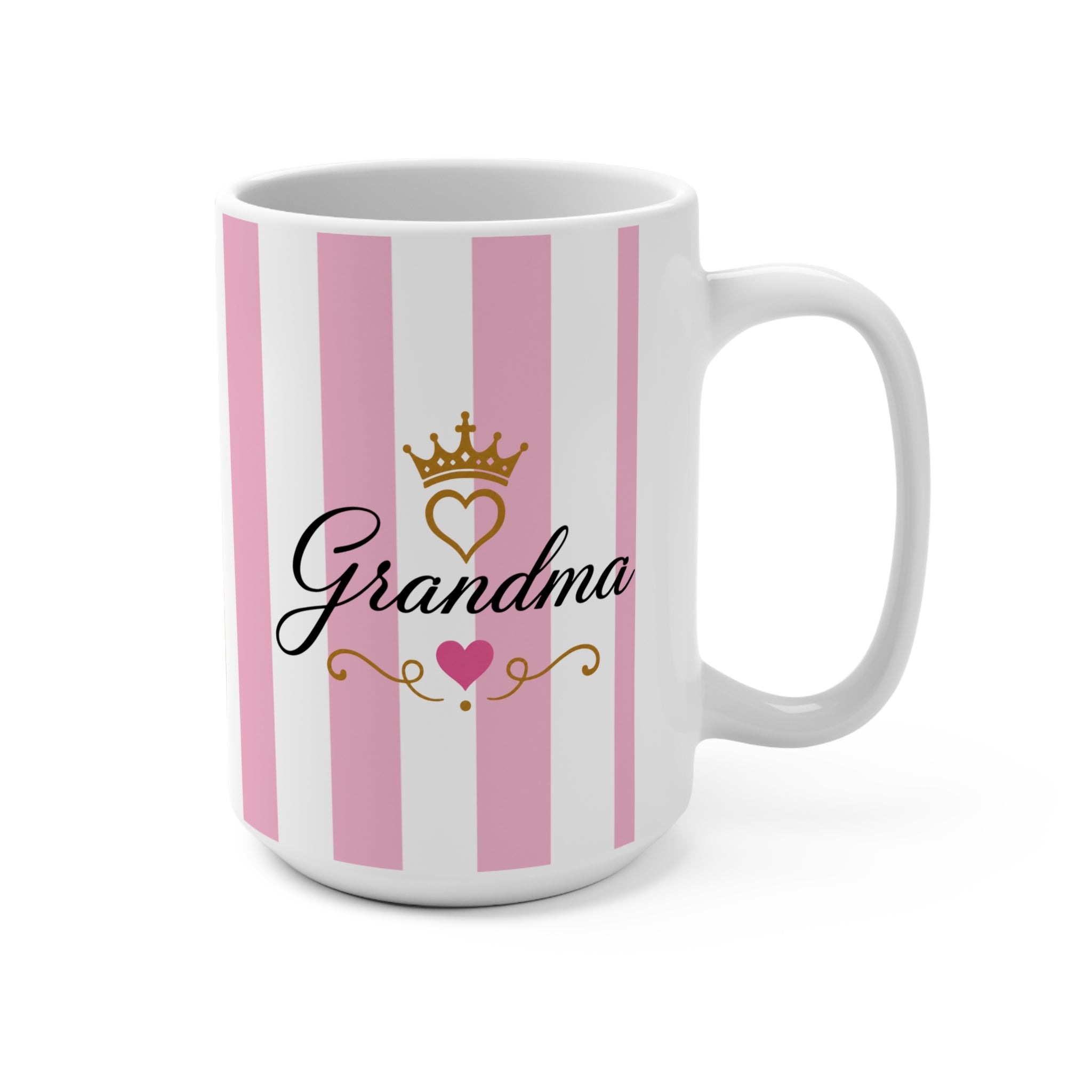 Grandma Coffee Mug – Pink Striped 15oz Ceramic Gift with Crown & Heart