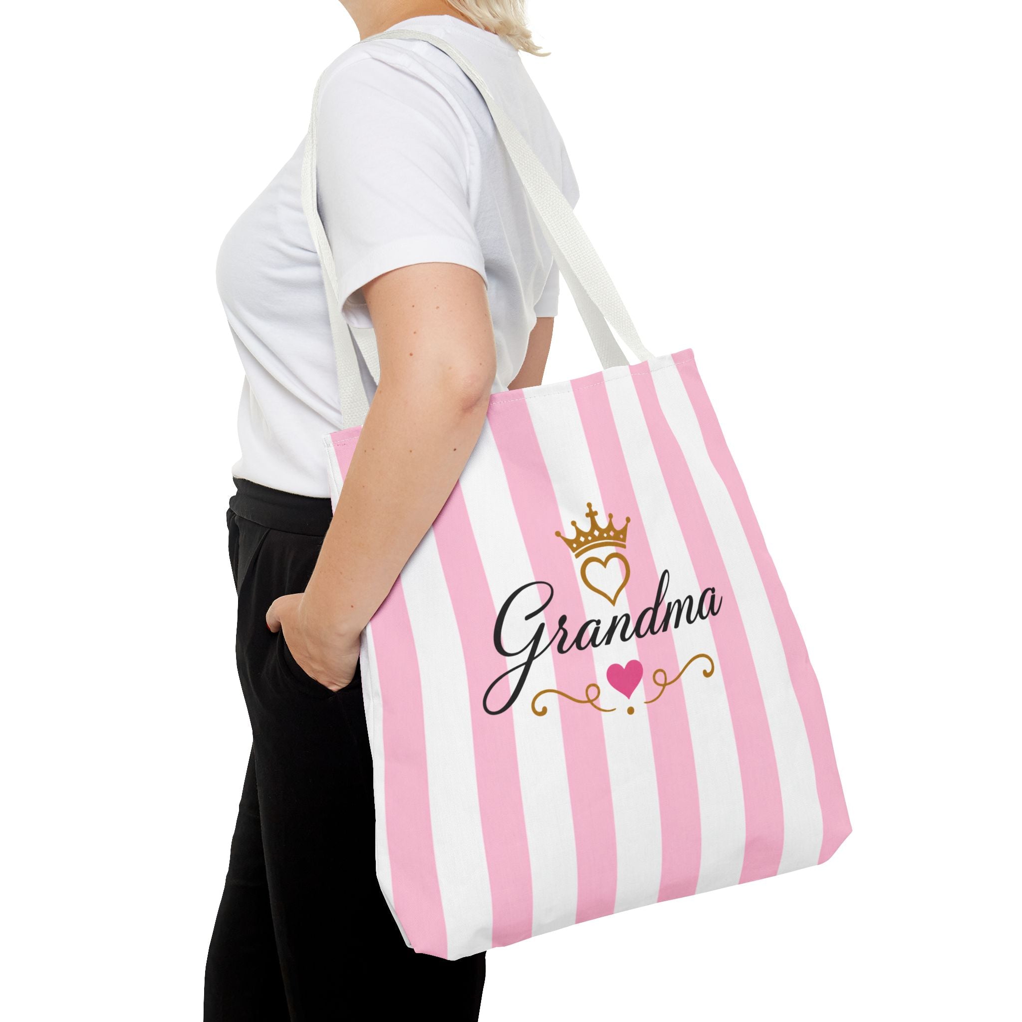 Grandma Crown Tote Bag — Pink Striped "Grandma" Gift Tote