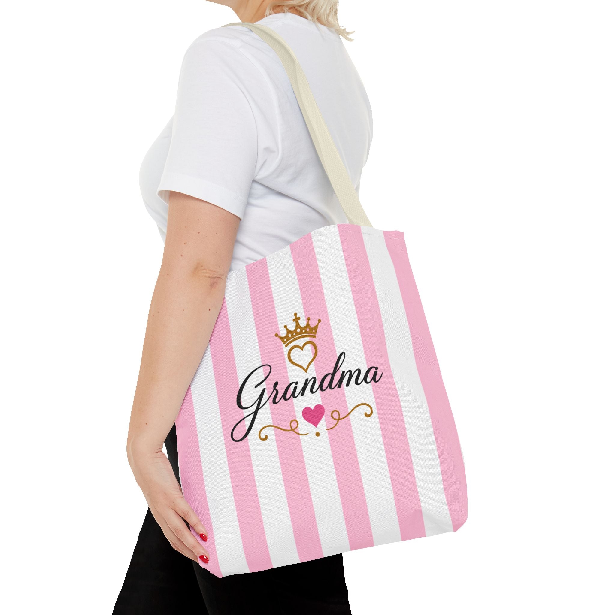 Grandma Crown Tote Bag — Pink Striped "Grandma" Gift Tote