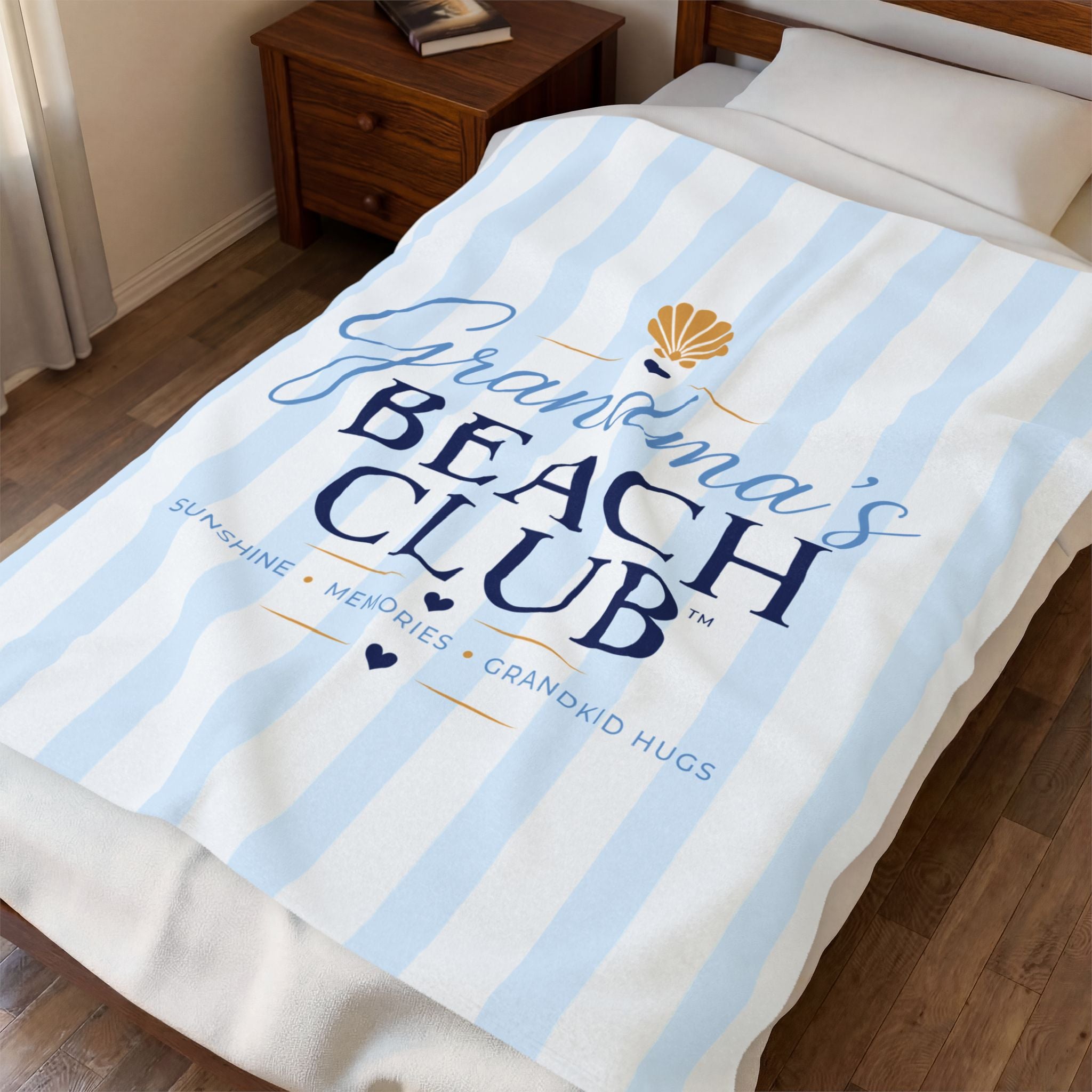 Grandma's Beach Club Blanket | Striped Velveteen Coastal Shell Design