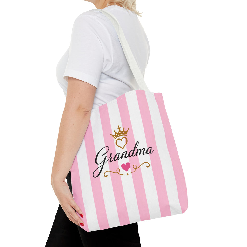Grandma Crown Tote Bag — Pink Striped "Grandma" Gift Tote