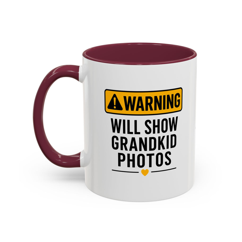 Warning Will Show Grandkid Photos Mug — Funny Grandma/Grandpa Coffee Cup (11oz, 15oz)