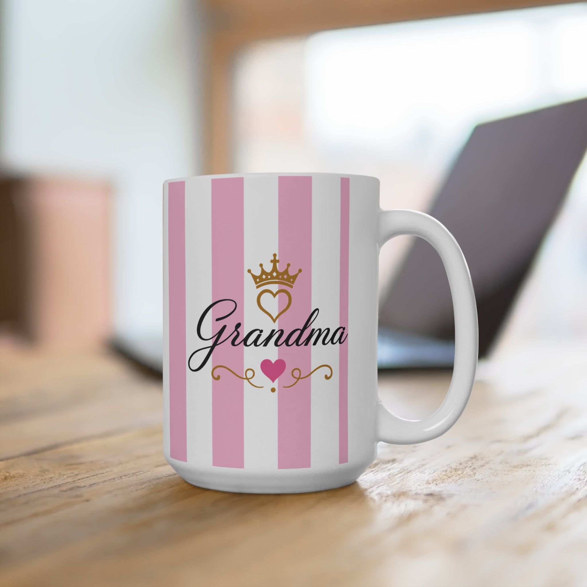 Grandma Coffee Mug – Pink Striped 15oz Ceramic Gift with Crown & Heart