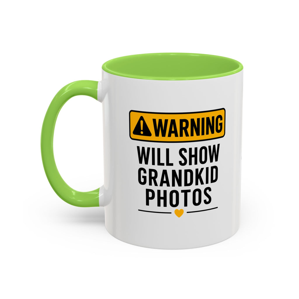 Warning Will Show Grandkid Photos Mug — Funny Grandma/Grandpa Coffee Cup (11oz, 15oz)