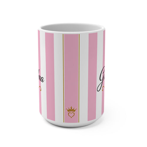 Grandma Coffee Mug – Pink Striped 15oz Ceramic Gift with Crown & Heart