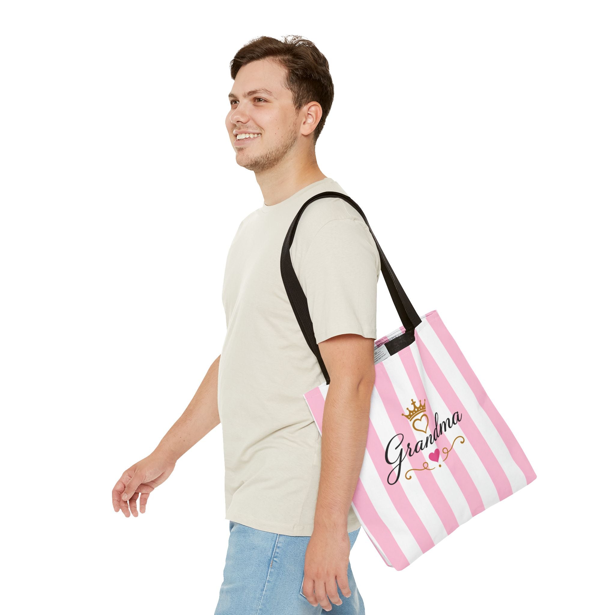 Grandma Crown Tote Bag — Pink Striped "Grandma" Gift Tote
