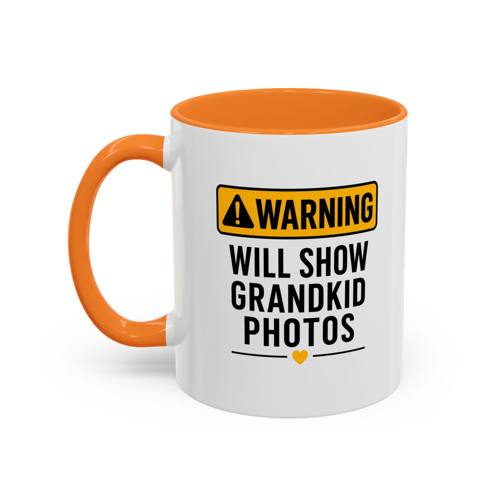 Warning Will Show Grandkid Photos Mug — Funny Grandma/Grandpa Coffee Cup (11oz, 15oz)
