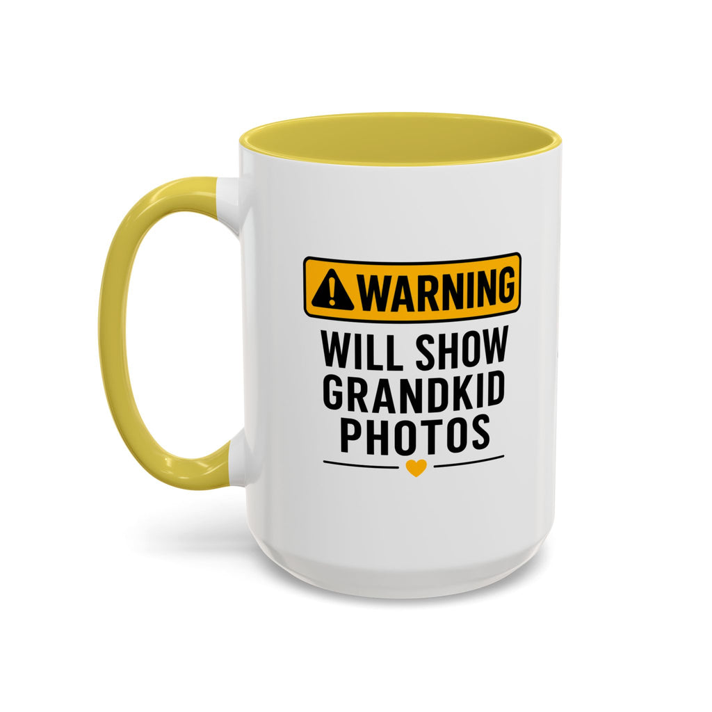 Warning Will Show Grandkid Photos Mug — Funny Grandma/Grandpa Coffee Cup (11oz, 15oz)