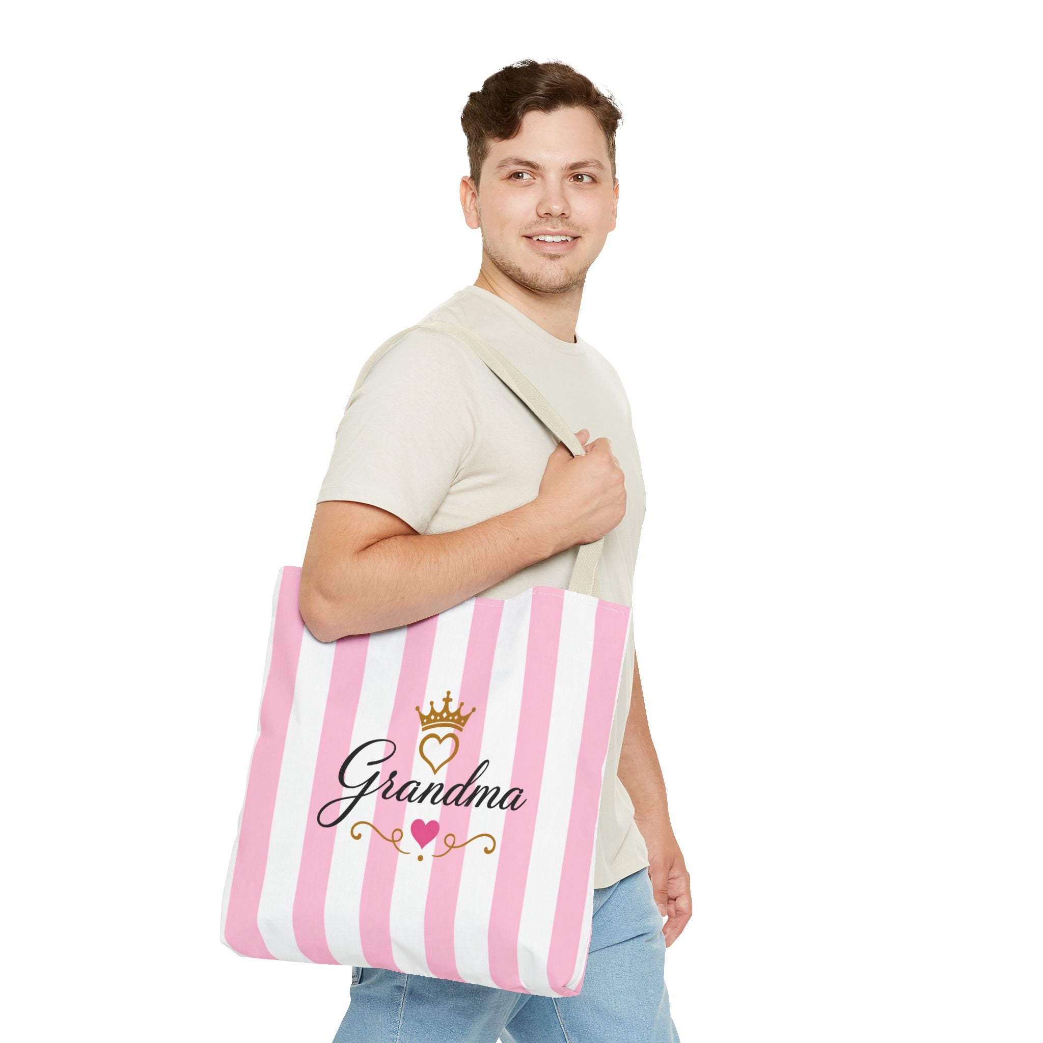 Grandma Crown Tote Bag — Pink Striped "Grandma" Gift Tote