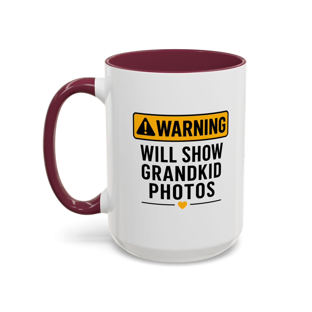 Warning Will Show Grandkid Photos Mug — Funny Grandma/Grandpa Coffee Cup (11oz, 15oz)